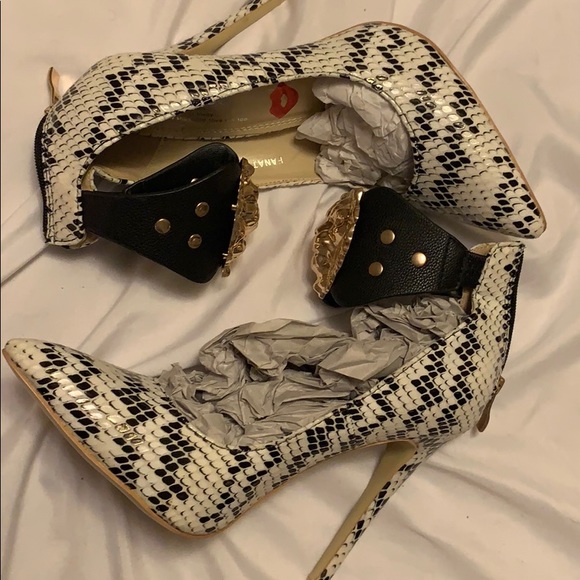 snake print heels and bag